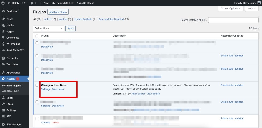 Activating a Change Author Base plugin